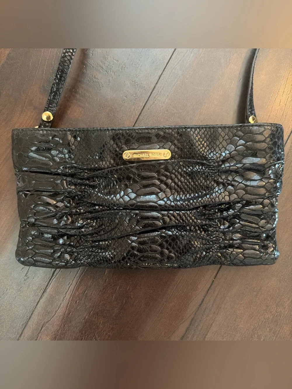 Michael Kors Black Snake-Embossed Shoulder Bag with Gold Plaque